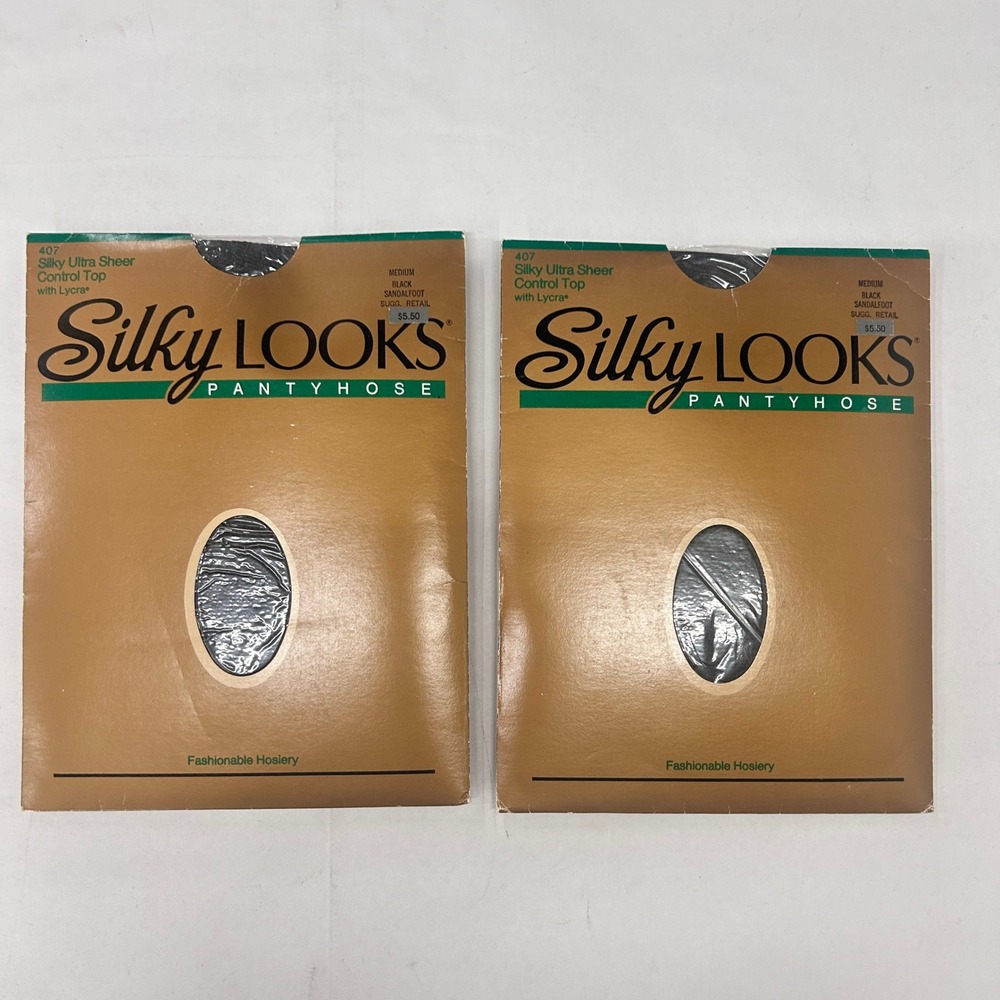 2 Pair Vintage 80s Silky Looks Ultra Sheer Control Top Pantyhose M Black NOS